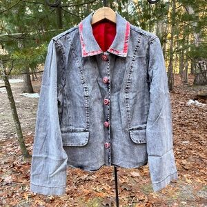 Y2K Spanner Gray & Red Acid Wash Denim Jacket
